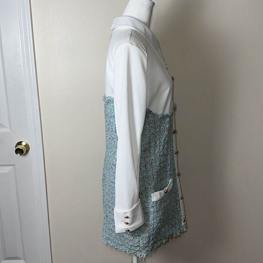 Jenifer Elegant White Tiffany Blue Boucle Tweed Long Sleeve Mini Dress - Picture 10 of 16